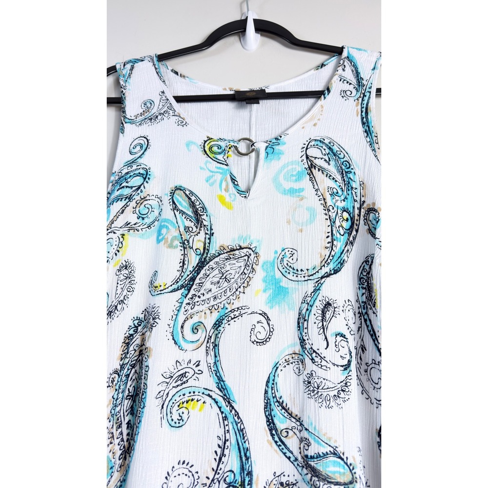 JM Collection Sleeveless Paisley Asymmetrical Tiered Dress White Blue Women M - Picture 2 of 8